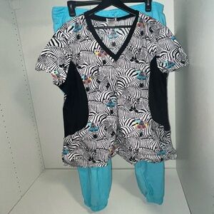Zebra Print Scrub Top with Blue Pants